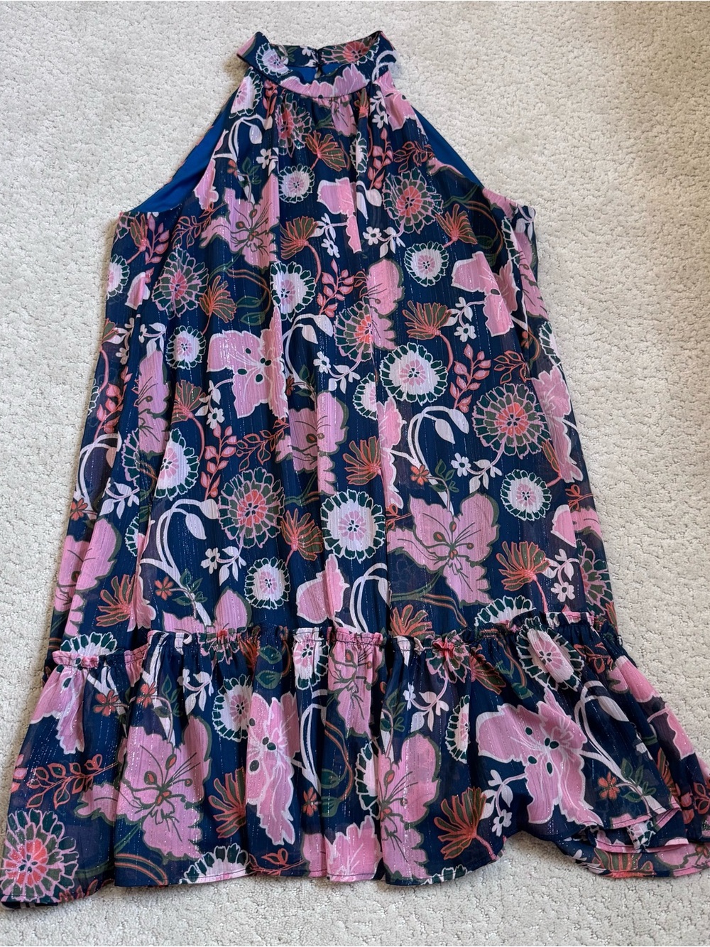 NWT Melonie T High Halter Neck Dress Size 14 Floral Blue Pink Lined